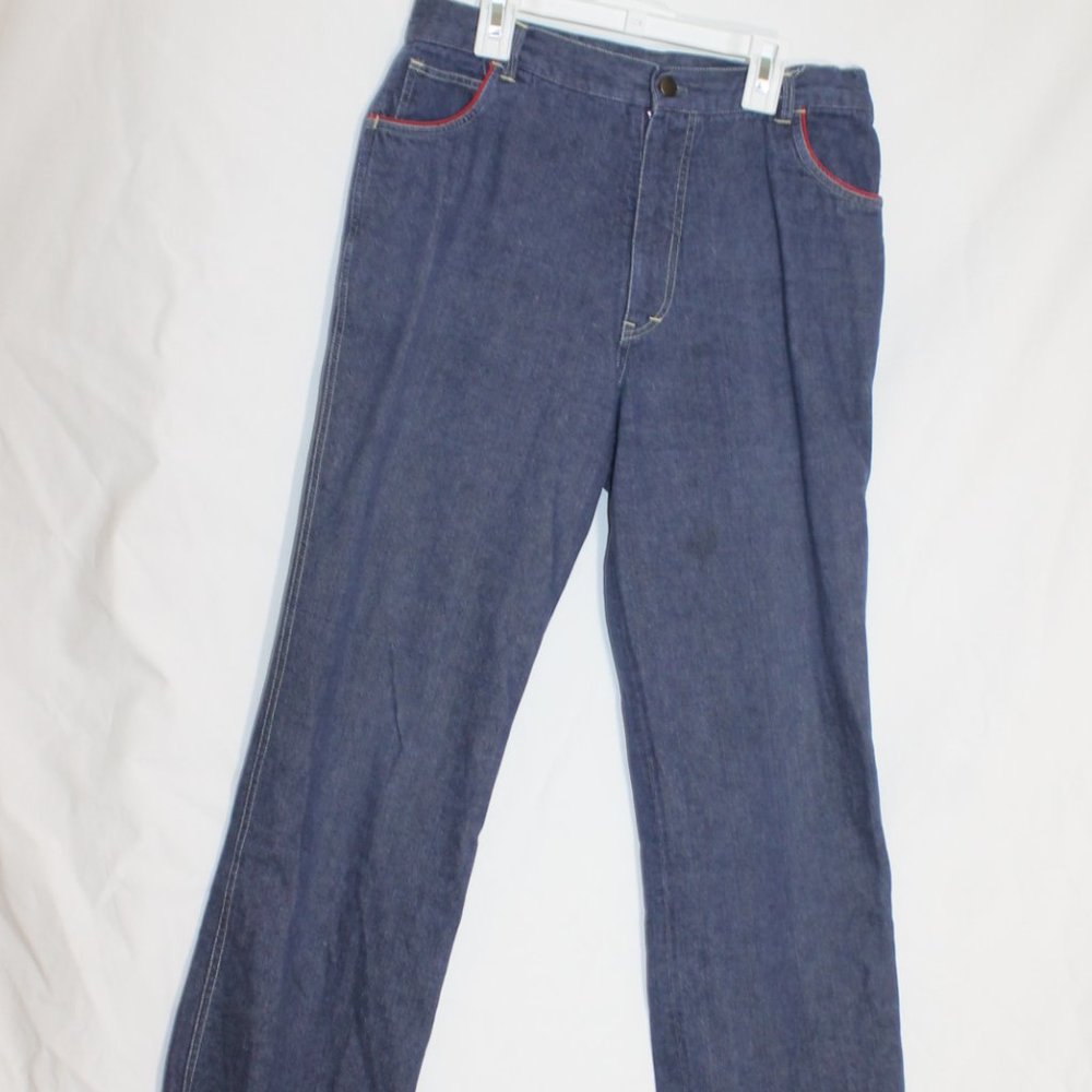 LONGSTREET Medium Blue Denim Blue Jeans Size 8 Red Piping Back Logo Straight Leg